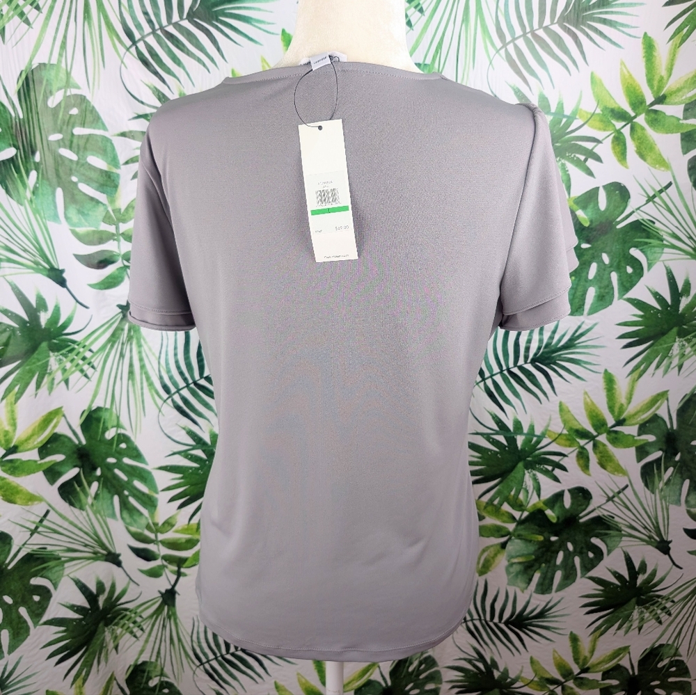 NWT Calvin Klein Gray V-Neck Double Tiered Sleeved Blouse (Size: Large) - Picture 7 of 13